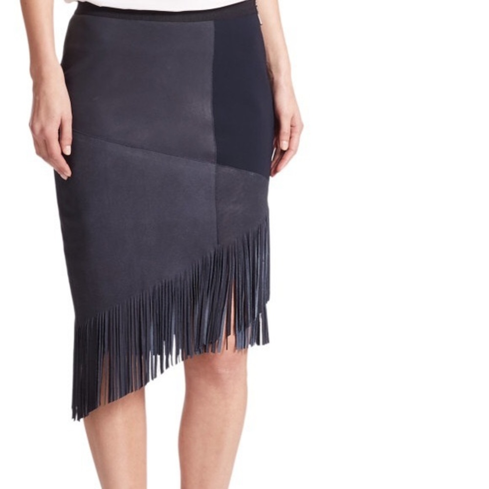 Elie Tahari Blue Claudette Suede Fringe Skirt